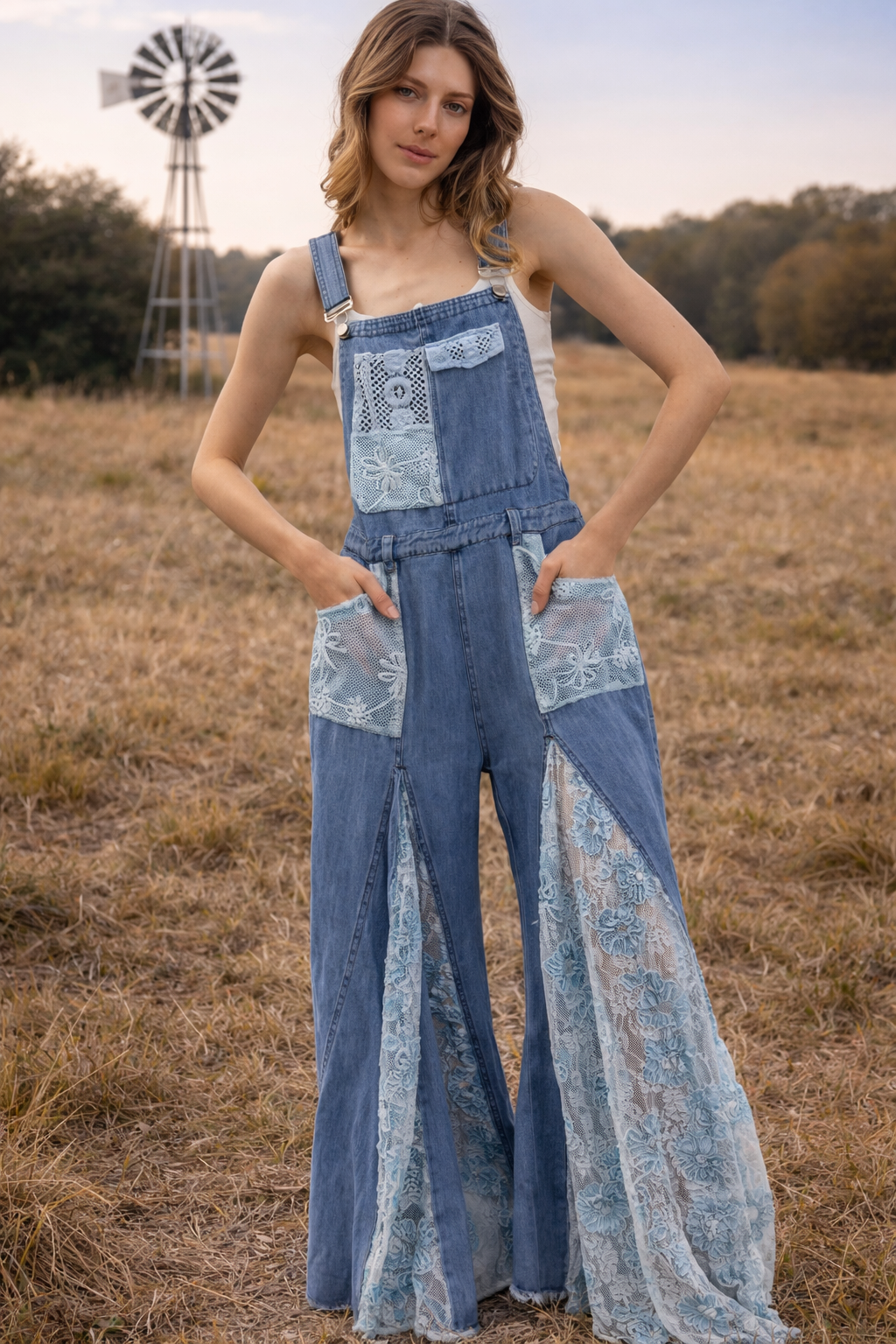 Lace Mix Ruffled Wide-Leg Denim Jumpsuit – R Cinco Ranch Mercantile