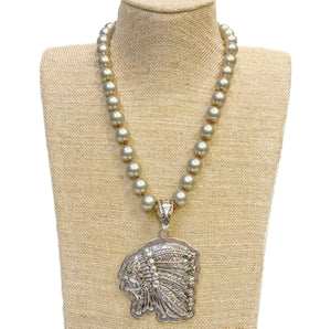 Indian Face Pendant On Faux Navajo Pearl Necklace