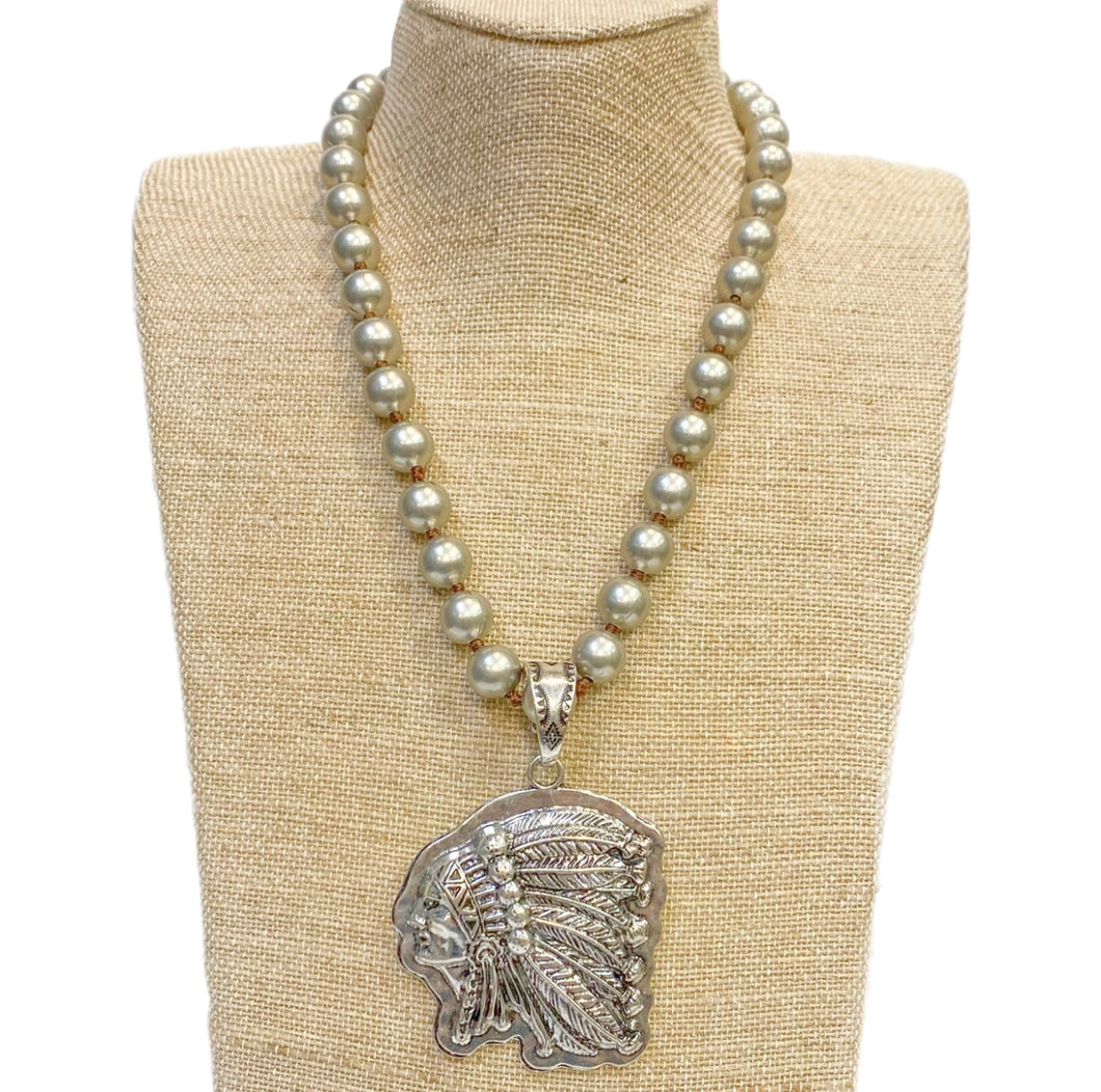Indian Face Pendant On Faux Navajo Pearl Necklace