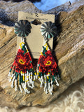 Colorful red, black, turquoise, yellow and white seed bead fringe earrings with fan-shaped tops