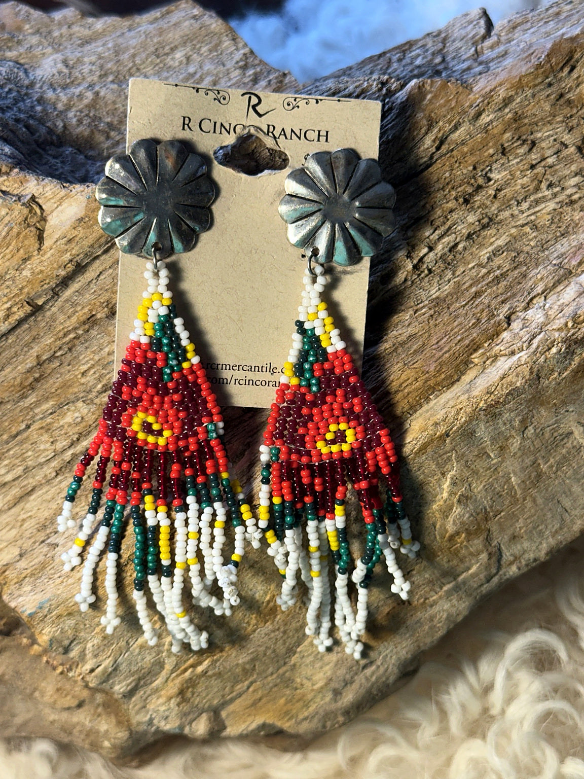 Colorful red, black, turquoise, yellow and white seed bead fringe earrings with fan-shaped tops