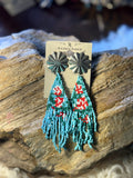 Turquoise, red, white and green seed bead fringe earrings with dark fan-shaped tops