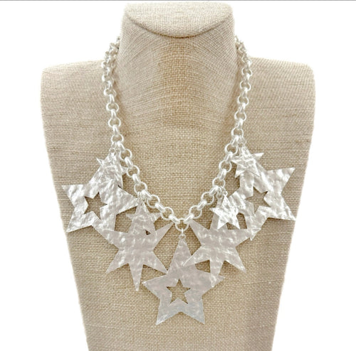 Silver Matte Multi Star Charms On Chain Necklace