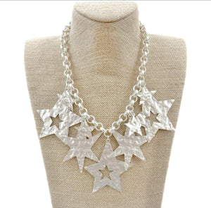 Silver Matte Multi Star Charms On Chain Necklace