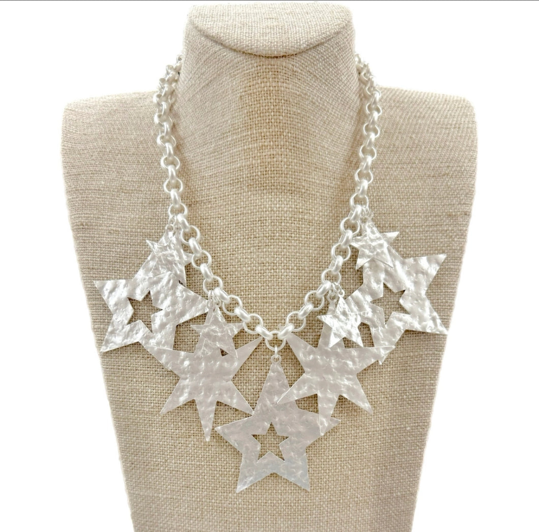 Silver Matte Multi Star Charms On Chain Necklace