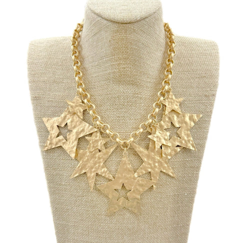 Gold Matte Multi Star Charms On Chain Necklace