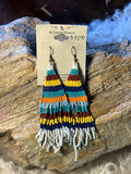 Striped seed bead fringe earrings in turquoise, navy, yellow, orange, rust and white