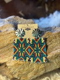 Black beaded hoop earrings with gunmetal-tone beads and bright multicolor accents