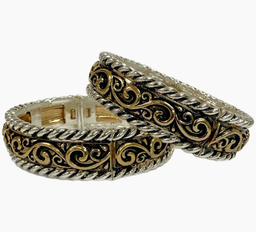 Two Tone Floral Swirl Stretch Bracelet with Rope Edge