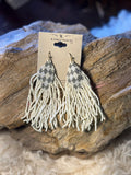 White and silver-tone seed bead fringe earrings with long white bead strands