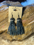 Midnight blue and black seed bead fringe earrings with silver-tone accents
