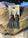 Dark gunmetal-tone seed bead fringe earrings with long dark bead strands