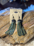 Blue and gray seed bead fringe earrings with dark beaded tops and long strands