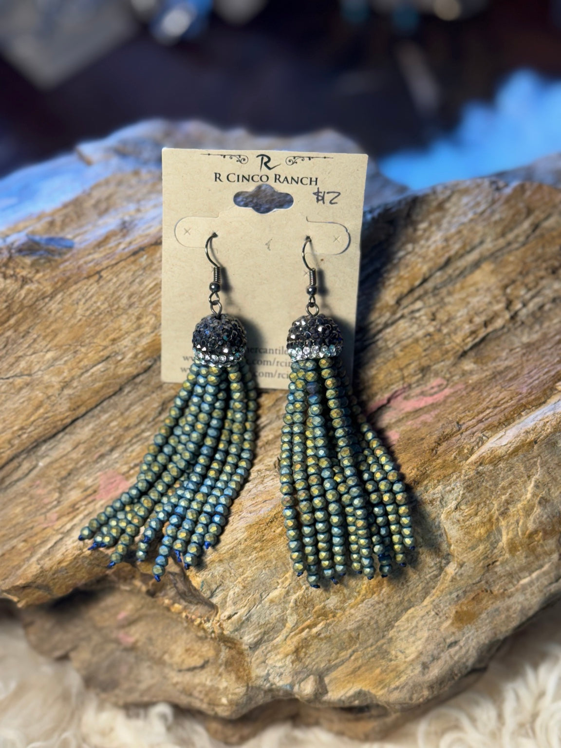 Blue and gray seed bead fringe earrings with dark beaded tops and long strands