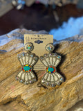 White seed bead bow earrings with turquoise centers, colorful bead accents, and iridescent stones