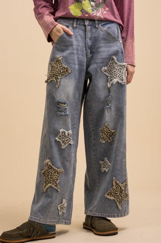 Leopard Star Patch Wide-leg Jeans