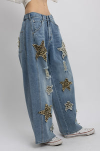 Leopard Star Patch Wide-leg Jeans