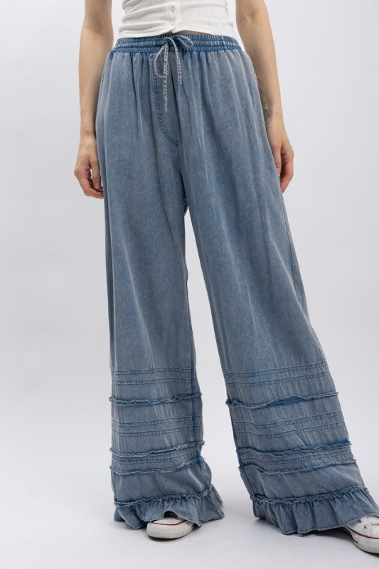 Dusty Trail Denim Ruffle Wide-Leg Pants