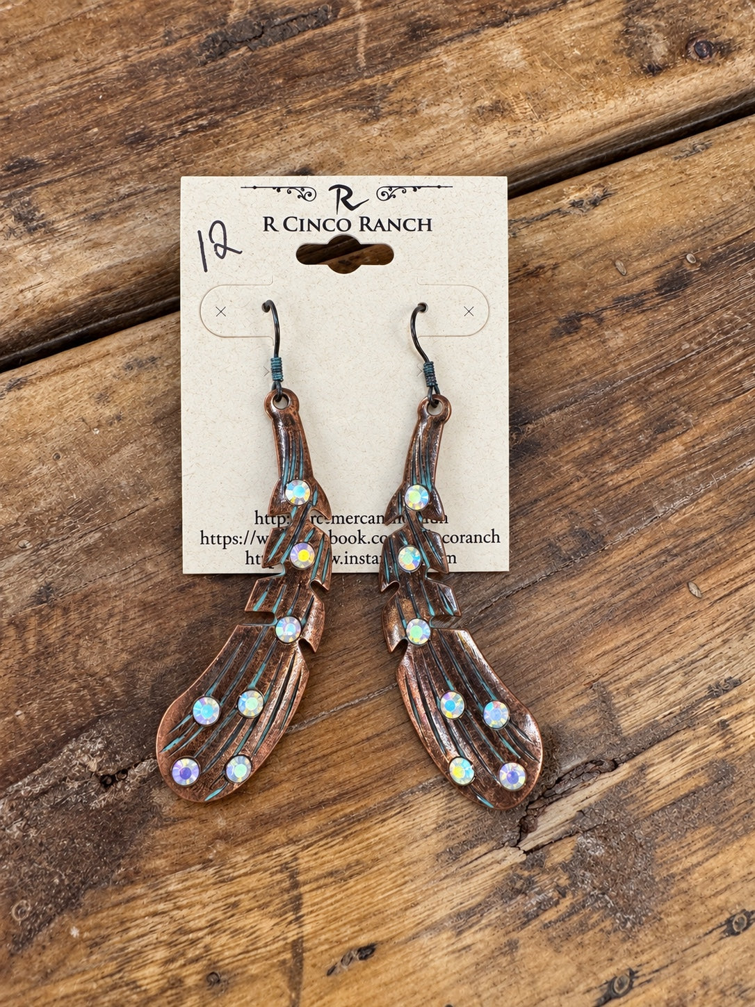 Copper & Turquoise-Patina Feather Crystal Earrings