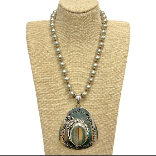 Etched Cowboy Hat Pendant On Faux Navajo Pearl Necklace