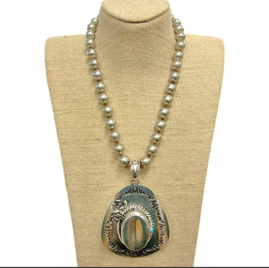 Etched Cowboy Hat Pendant On Faux Navajo Pearl Necklace