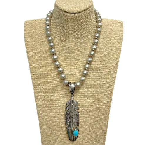 Feather with Turquoise Pendant On Faux Navajo Pearl Necklace