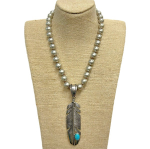 Feather with Turquoise Pendant On Faux Navajo Pearl Necklace