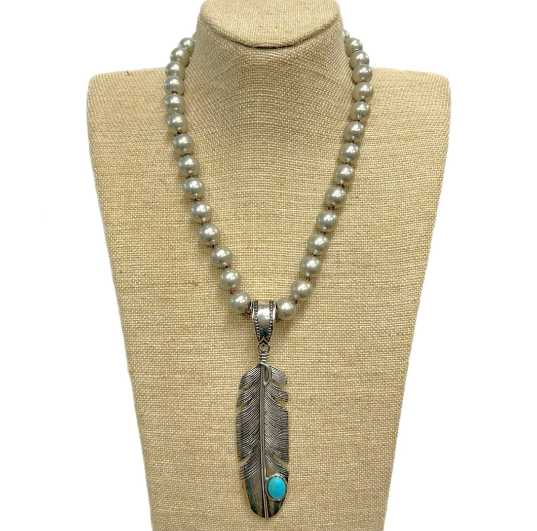 Feather with Turquoise Pendant On Faux Navajo Pearl Necklace