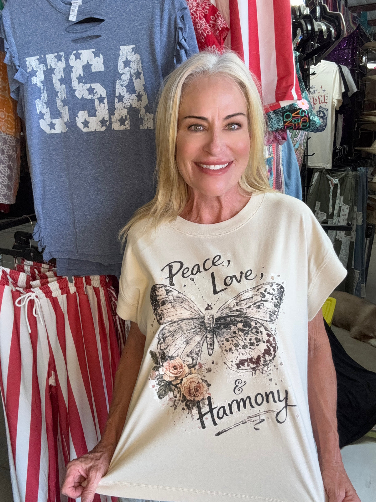 Peace, Love, & Harmony Vintage Wash Butterfly Tee
