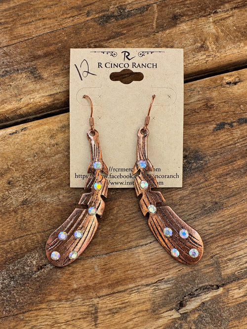 Antique Copper-Tone Feather Crystal Earrings