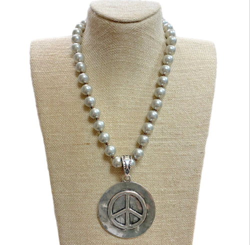 Peace Sign Coin Pendant On Faux Navajo Pearl Necklace