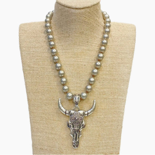 Long Horn Skull Pendant On Faux Navajo Pearl Necklace