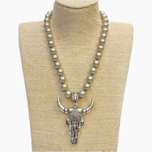 Long Horn Skull Pendant On Faux Navajo Pearl Necklace