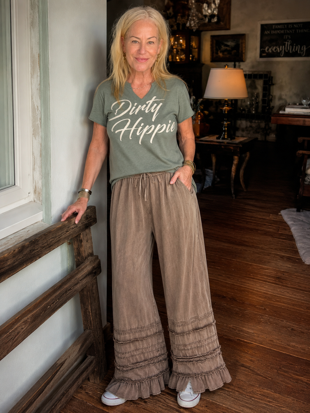 Dusty Trail Charcoal Ruffle Wide-Leg Pants
