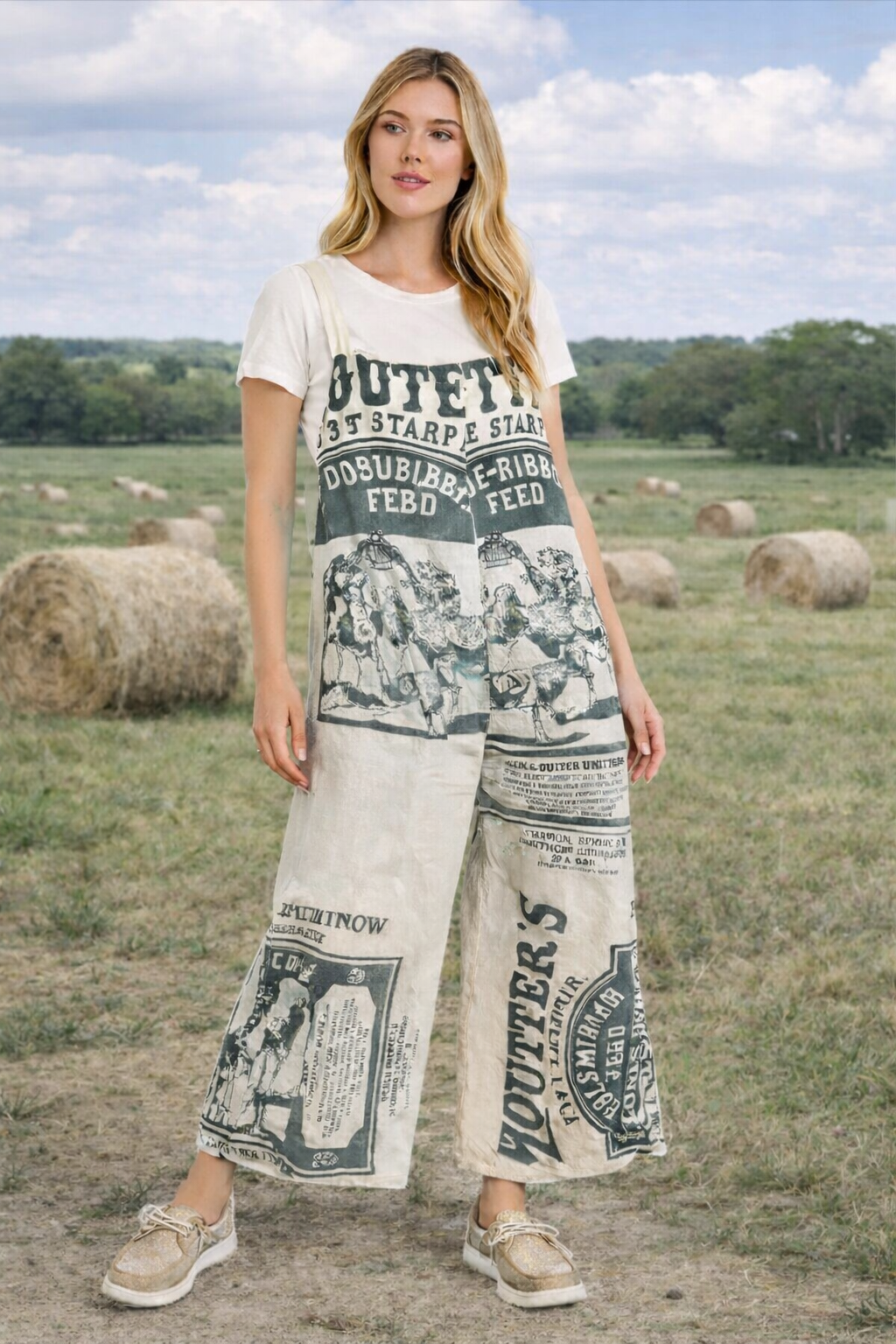 Cow Vintage Feed Sack Wide-Leg Jumpsuit