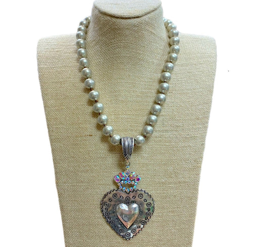 Heart with Ab Crystal Crown Pendant On Faux Navajo Pearls