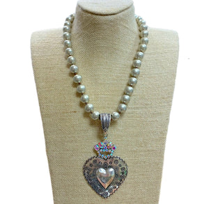 Heart with Ab Crystal Crown Pendant On Faux Navajo Pearls