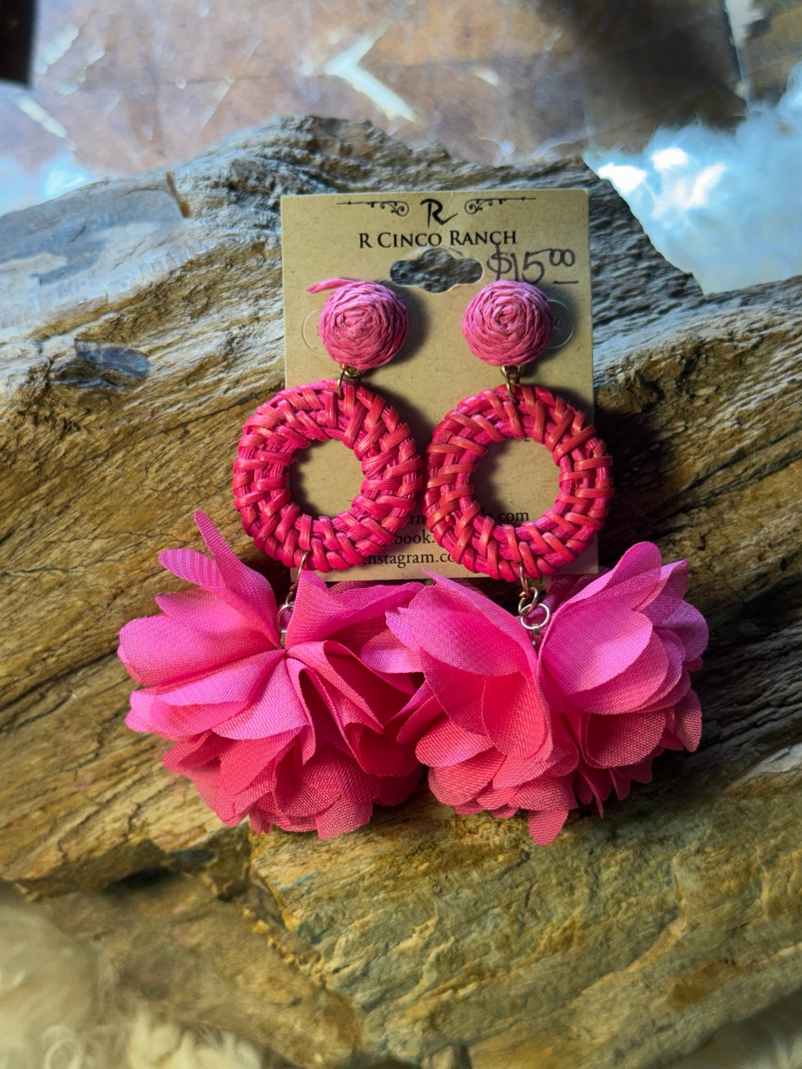 Pink woven hoop earrings with rose studs