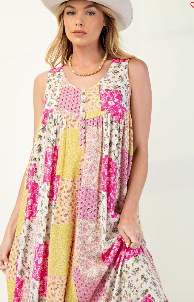 Pink & Lime Patchwork Print Jumpsuit
