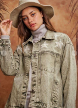 Star Beaded Denim Jacket Sage Grey
