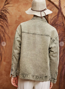 Star Beaded Denim Jacket Sage Grey