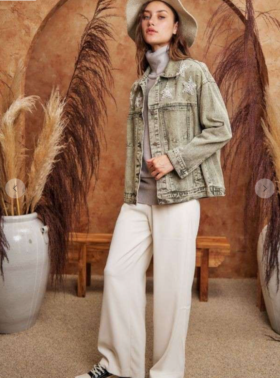 Star Beaded Denim Jacket Sage Grey