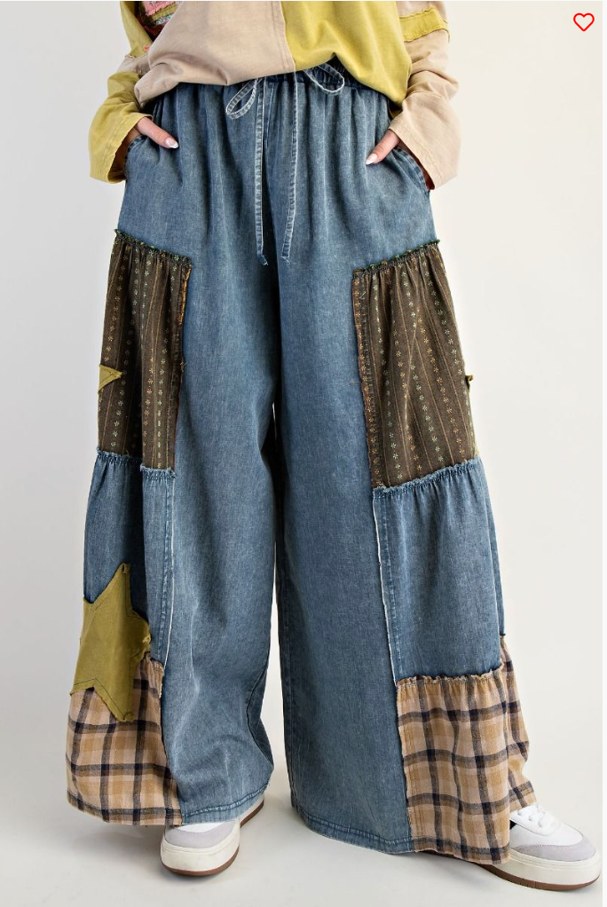 Washed Patch Print Denim Palazzo Pants