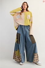 Washed Patch Print Denim Palazzo Pants