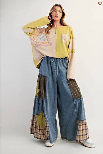 Washed Patch Print Denim Palazzo Pants