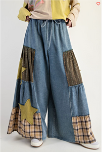Washed Patch Print Denim Palazzo Pants
