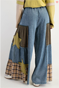 Washed Patch Print Denim Palazzo Pants