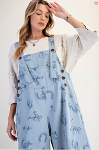 Western Print Overalls Dusty Blue