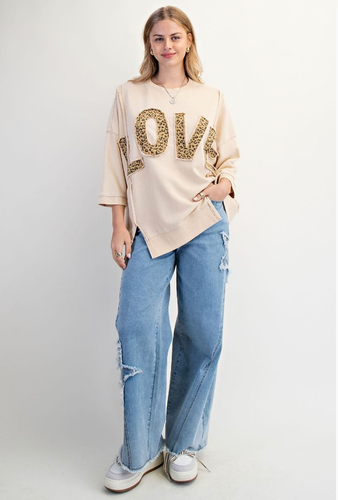 Love Leopard Appliqué Light Khaki Terry Pullover