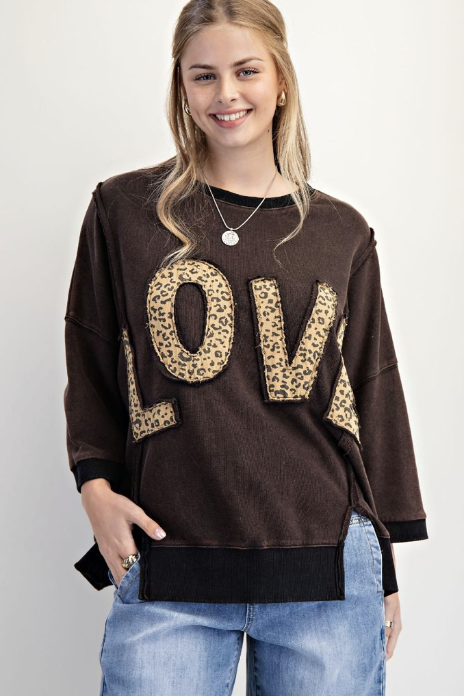 Love Leopard Appliqué Black Terry Pullover